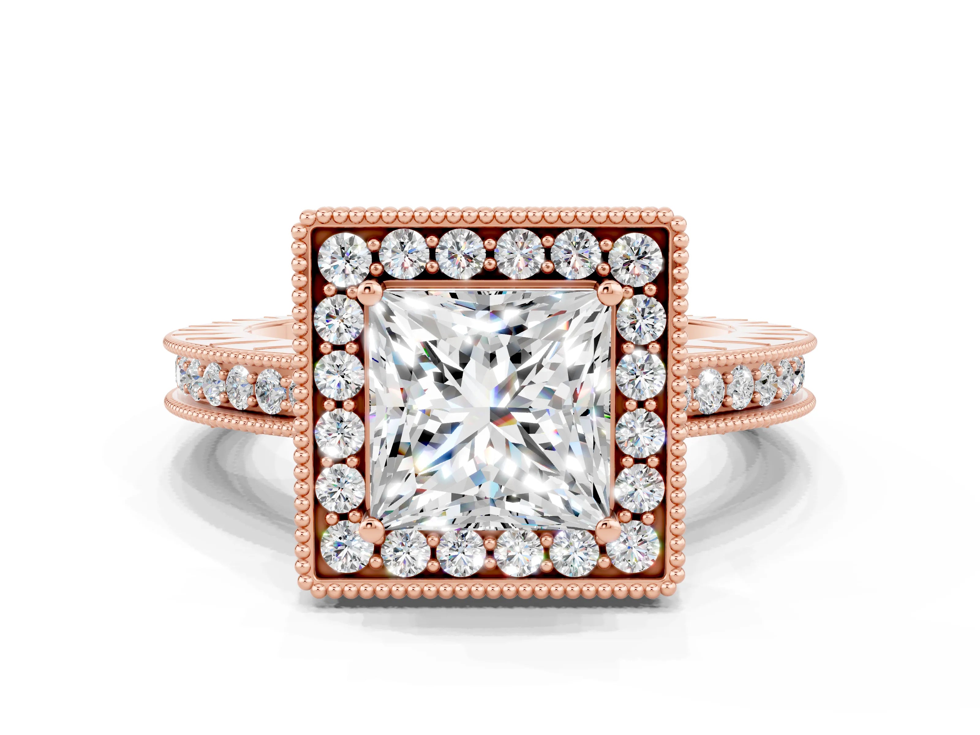 Rose gold Princess Cut Halo Diamond Engagement Ring with Milgrain Pave Band and Four-Prong Setting