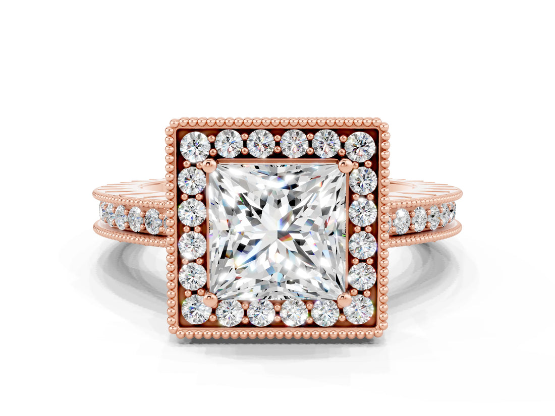 Rose gold Princess Cut Halo Diamond Engagement Ring with Milgrain Pave Band and Four-Prong Setting
