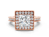 Rose gold Princess Cut Halo Diamond Engagement Ring with Milgrain Pave Band and Four-Prong Setting