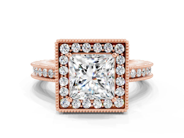 Rose gold Princess Cut Halo Diamond Engagement Ring with Milgrain Pave Band and Four-Prong Setting