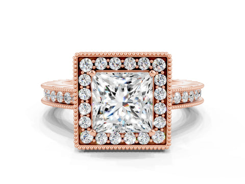 Rose gold Princess Cut Halo Diamond Engagement Ring with Milgrain Pave Band and Four-Prong Setting