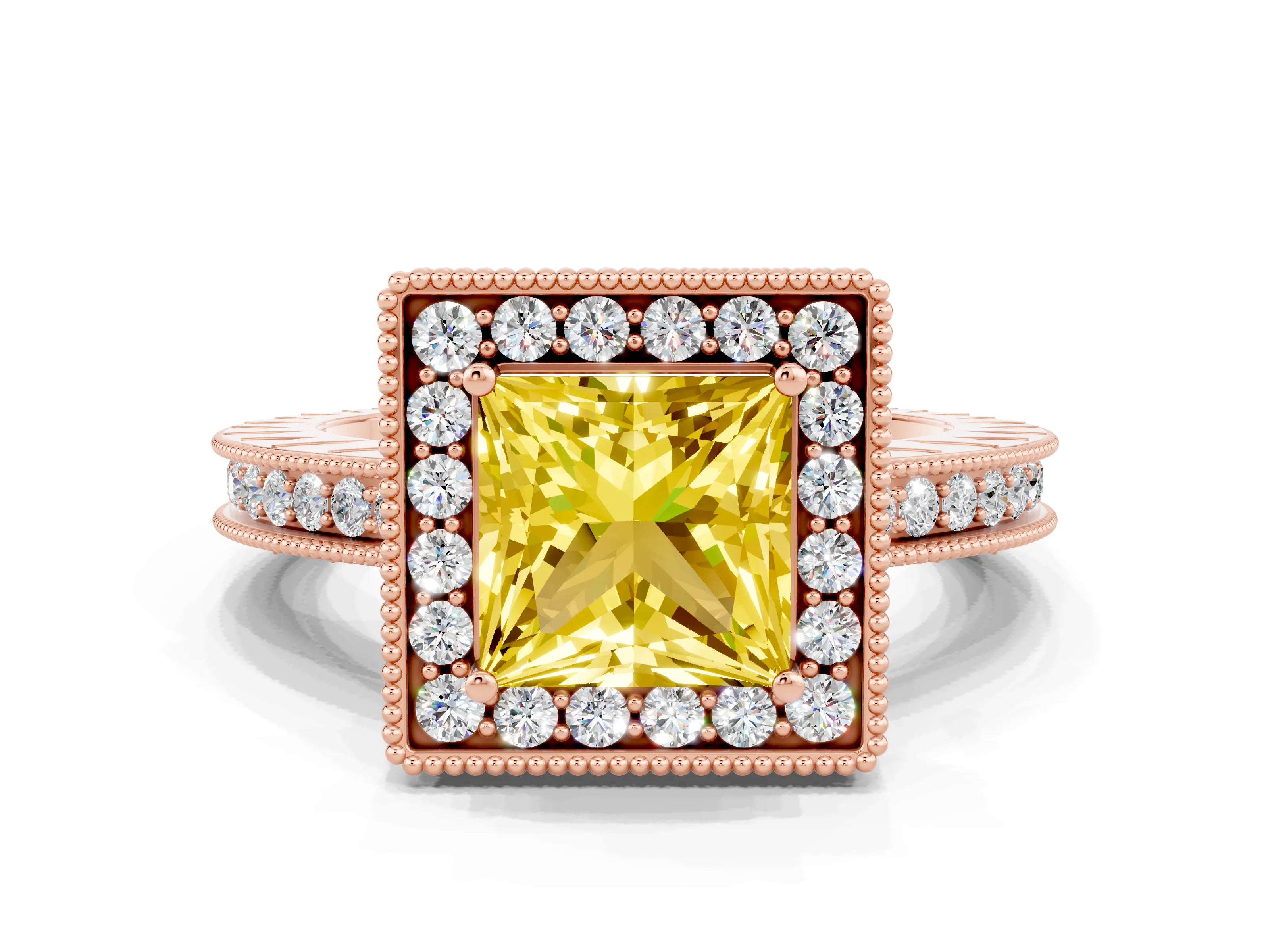 Rose gold Princess Cut Halo Diamond Engagement Ring with Milgrain Pave Band and Four-Prong Setting