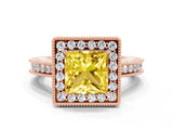 Rose gold Princess Cut Halo Diamond Engagement Ring with Milgrain Pave Band and Four-Prong Setting
