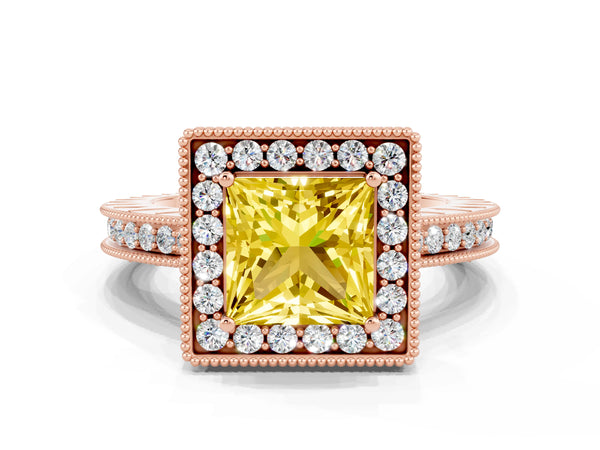 Rose gold Princess Cut Halo Diamond Engagement Ring with Milgrain Pave Band and Four-Prong Setting