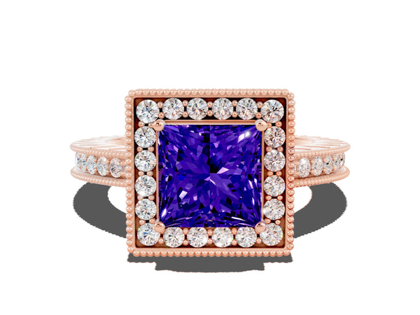 Rose gold Princess Cut Halo Diamond Engagement Ring with Milgrain Pave Band and Four-Prong Setting