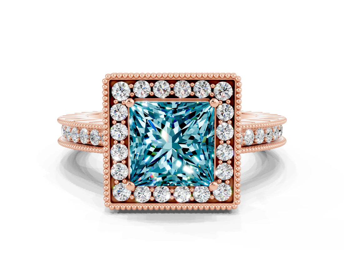 Rose gold Princess Cut Halo Diamond Engagement Ring with Milgrain Pave Band and Four-Prong Setting