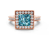 Rose gold Princess Cut Halo Diamond Engagement Ring with Milgrain Pave Band and Four-Prong Setting