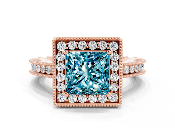Rose gold Princess Cut Halo Diamond Engagement Ring with Milgrain Pave Band and Four-Prong Setting