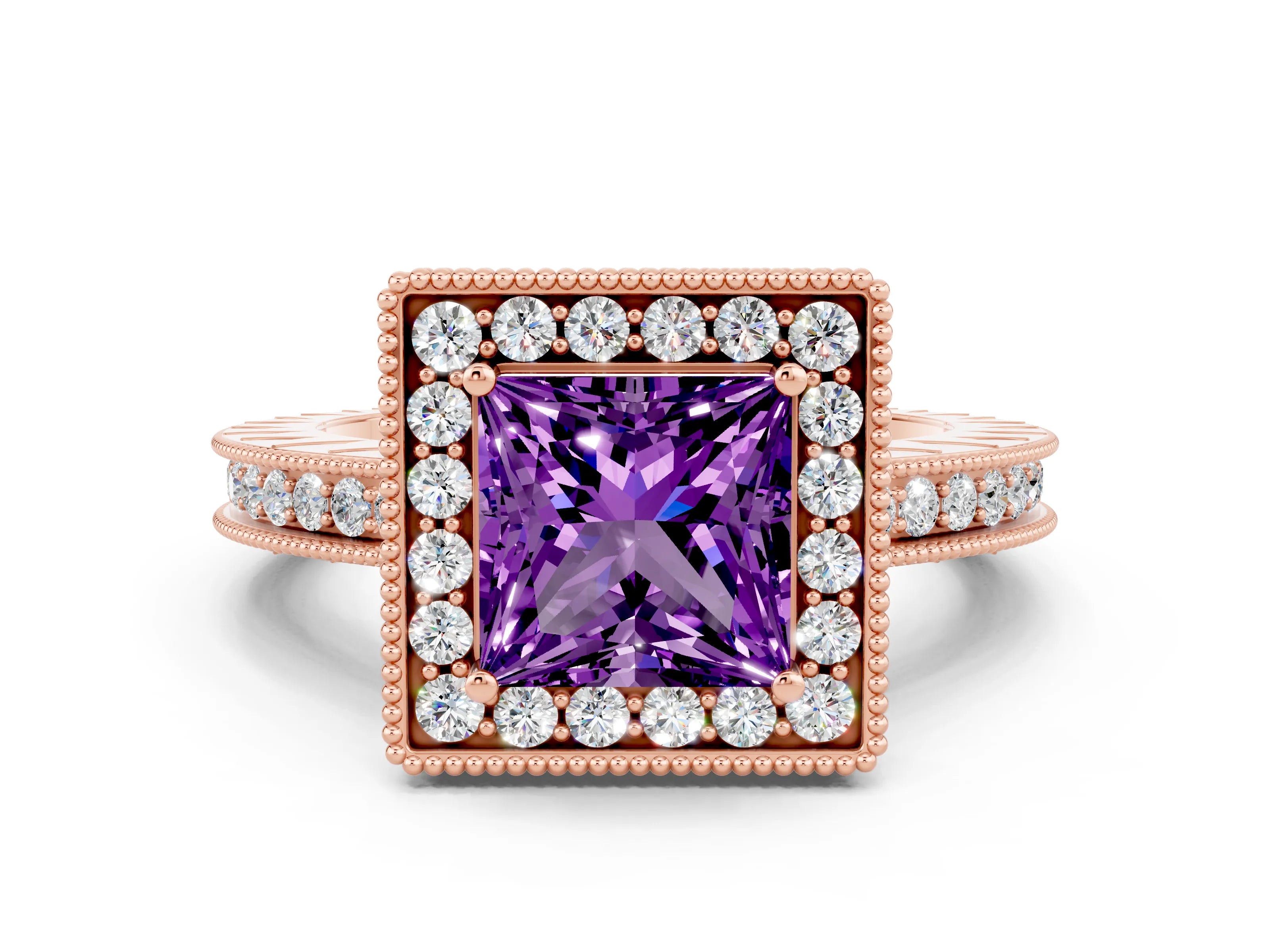Rose gold Princess Cut Halo Diamond Engagement Ring with Milgrain Pave Band and Four-Prong Setting