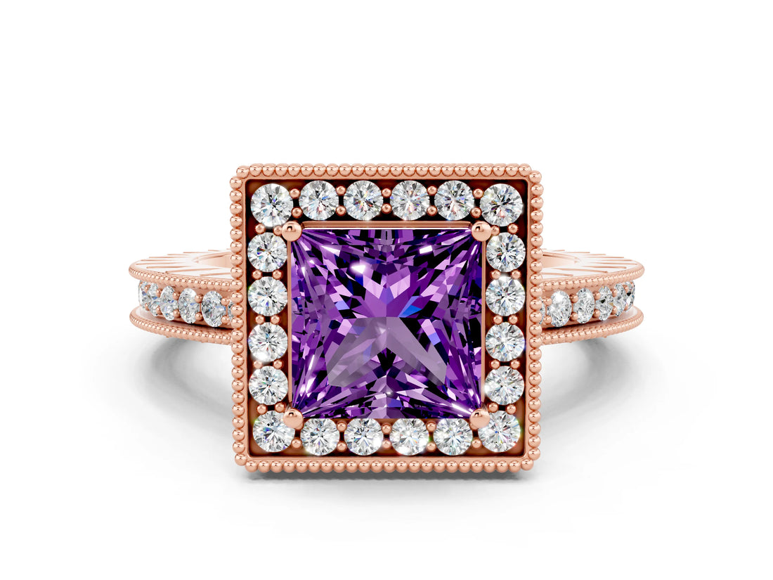 Rose gold Princess Cut Halo Diamond Engagement Ring with Milgrain Pave Band and Four-Prong Setting
