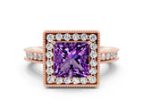 Rose gold Princess Cut Halo Diamond Engagement Ring with Milgrain Pave Band and Four-Prong Setting