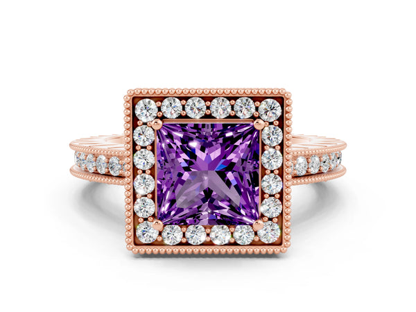 Rose gold Princess Cut Amethyst Milgrain Halo Engagement Ring with Round Pavé Band and Prong Setting