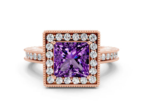 Rose gold Princess Cut Halo Diamond Engagement Ring with Milgrain Pave Band and Four-Prong Setting
