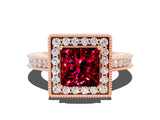 Rose gold Princess Cut Halo Diamond Engagement Ring with Milgrain Pave Band and Four-Prong Setting