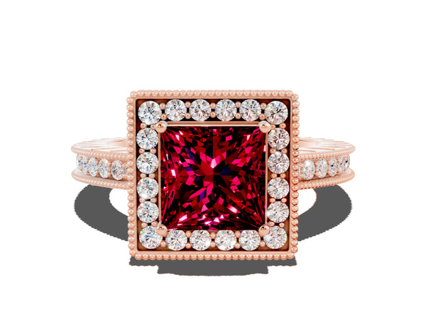 Rose gold Princess Cut Halo Diamond Engagement Ring with Milgrain Pave Band and Four-Prong Setting