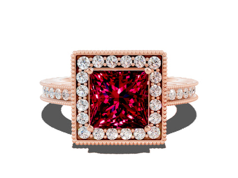 Rose gold Princess Cut Halo Diamond Engagement Ring with Milgrain Pave Band and Four-Prong Setting