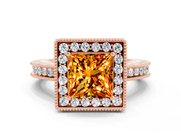 Rose gold Princess Cut Halo Diamond Engagement Ring with Milgrain Pave Band and Four-Prong Setting