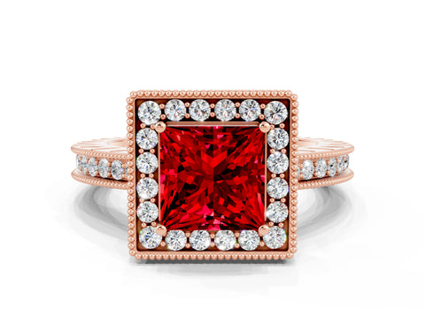 Rose gold Princess Cut Halo Diamond Engagement Ring with Milgrain Pave Band and Four-Prong Setting