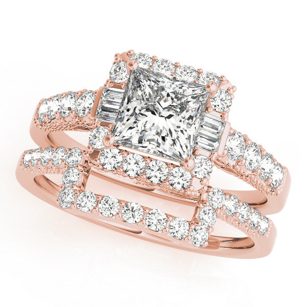 Rose gold Princess Cut Halo Diamond Engagement Ring with Pavé Band and Four-Prong Setting 1