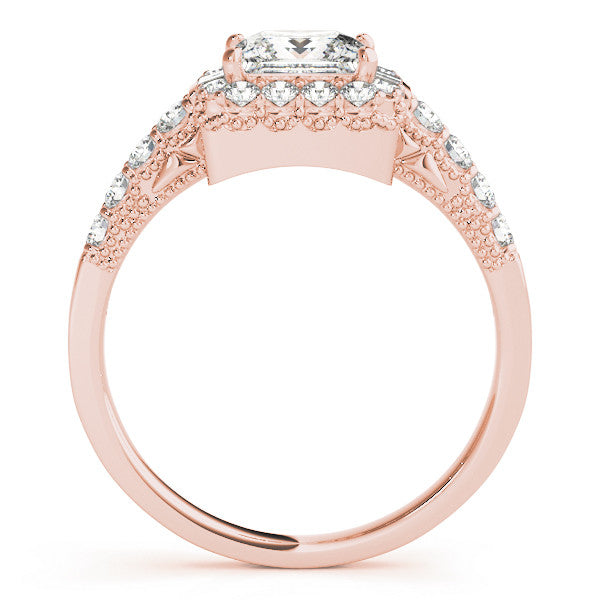 Rose gold Princess Cut Halo Diamond Engagement Ring with Pavé Band and Four-Prong Setting 2