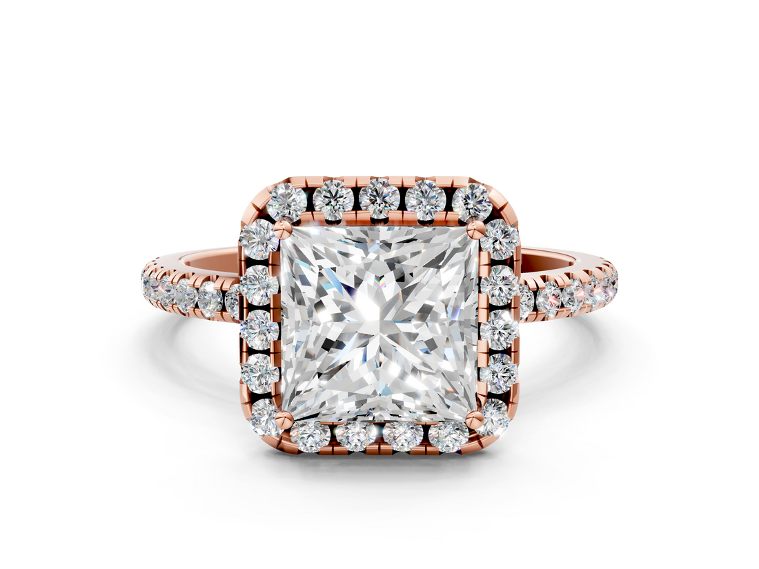 Rose gold Princess Cut Halo Diamond Engagement Ring with Pave Band and Four-Prong Setting_20