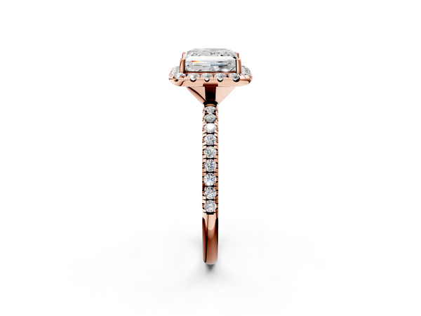 Rose gold Princess Cut Diamond Floral Halo Engagement Ring with Pavé Band and Prong Setting