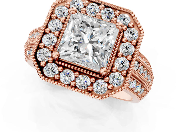 Rose gold Princess Cut Halo Diamond Engagement Ring with Pave Split Shank and Four-Prong Setting