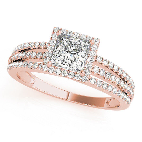 Rose gold Princess Cut Halo Diamond Engagement Ring with Split Shank and Four-Prong Setting