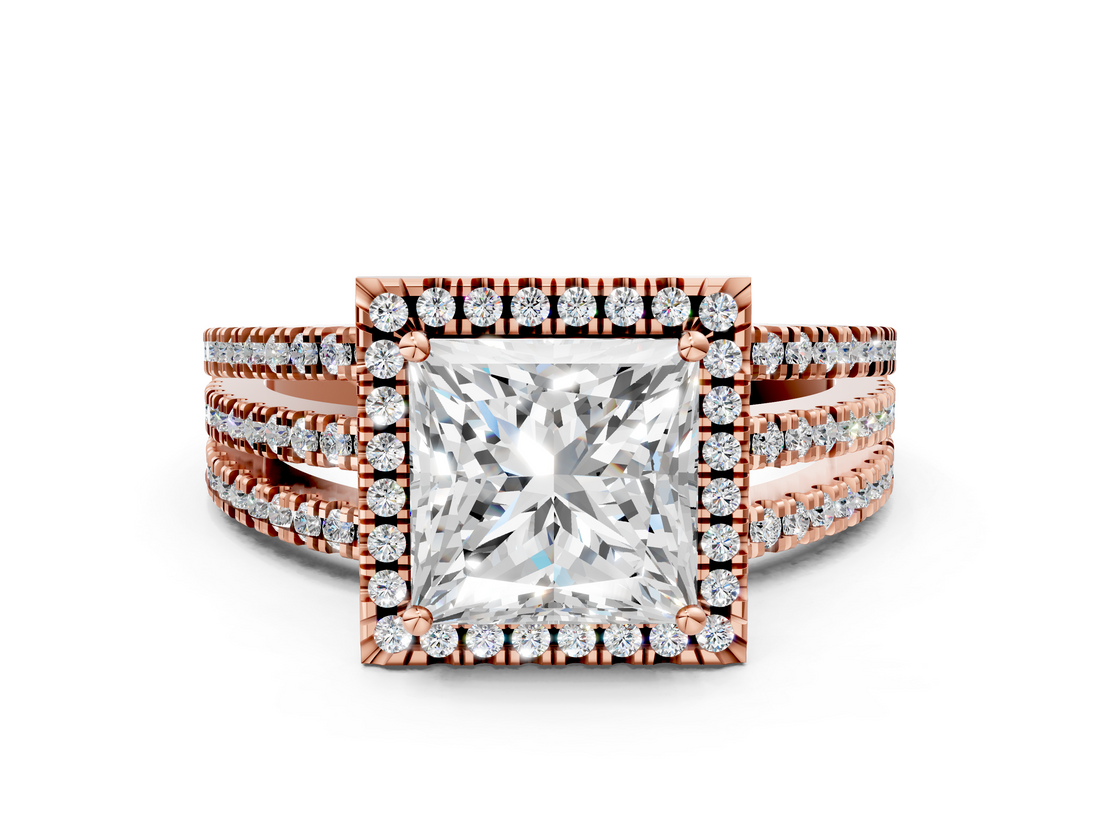 Rose gold Princess Cut Halo Diamond Engagement Ring with Split Shank and Four-Prong Setting_22