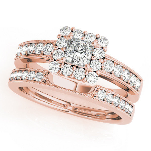 Rose gold Princess Cut Halo Diamond Pavé Engagement Ring with Milgrain Detailing 1