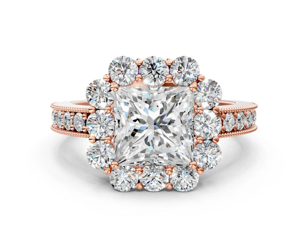 Rose gold Princess Cut Halo Diamond Pavé Engagement Ring with Milgrain Detailing