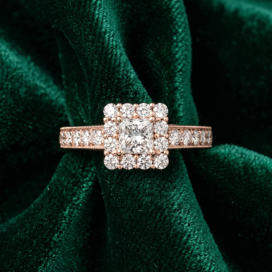 Rose gold Princess Cut Halo Diamond Pavé Engagement Ring with Milgrain Detailing