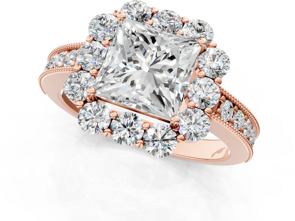 Rose gold Princess Cut Halo Diamond Pavé Engagement Ring with Milgrain Detailing