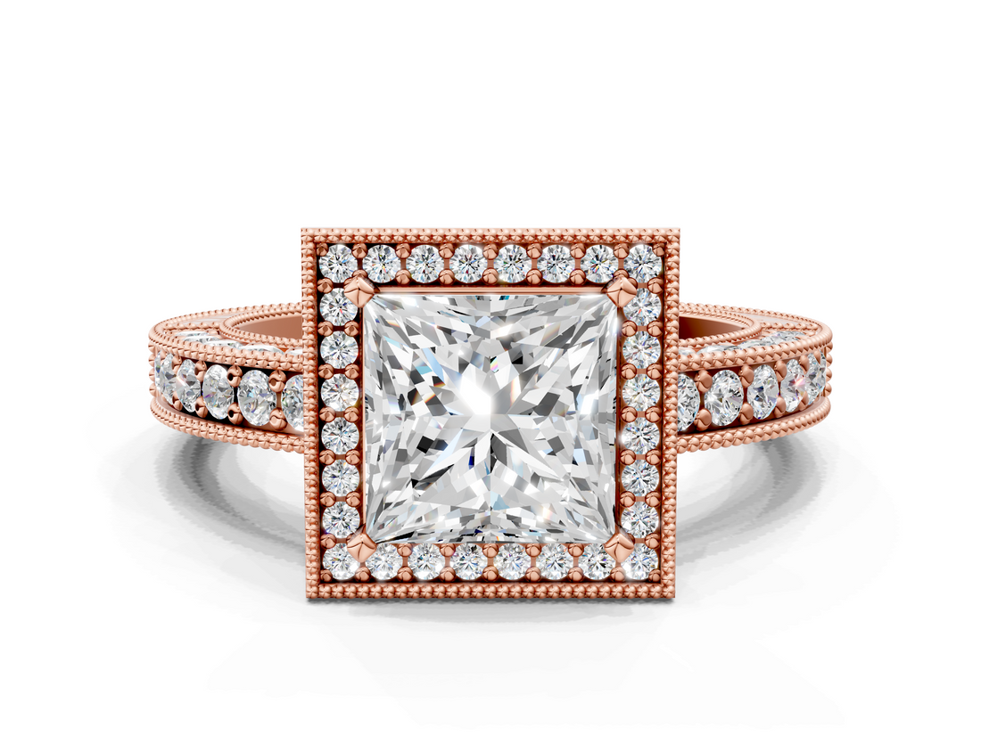 Rose gold Princess Cut Halo Diamond Pave Band Ring with Four-Prong Setting_58