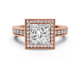 Rose gold Princess Cut Halo Diamond Pave Band Ring with Four-Prong Setting_58