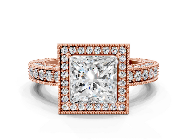 Rose gold Princess Cut Halo Diamond Pave Band Ring with Four-Prong Setting