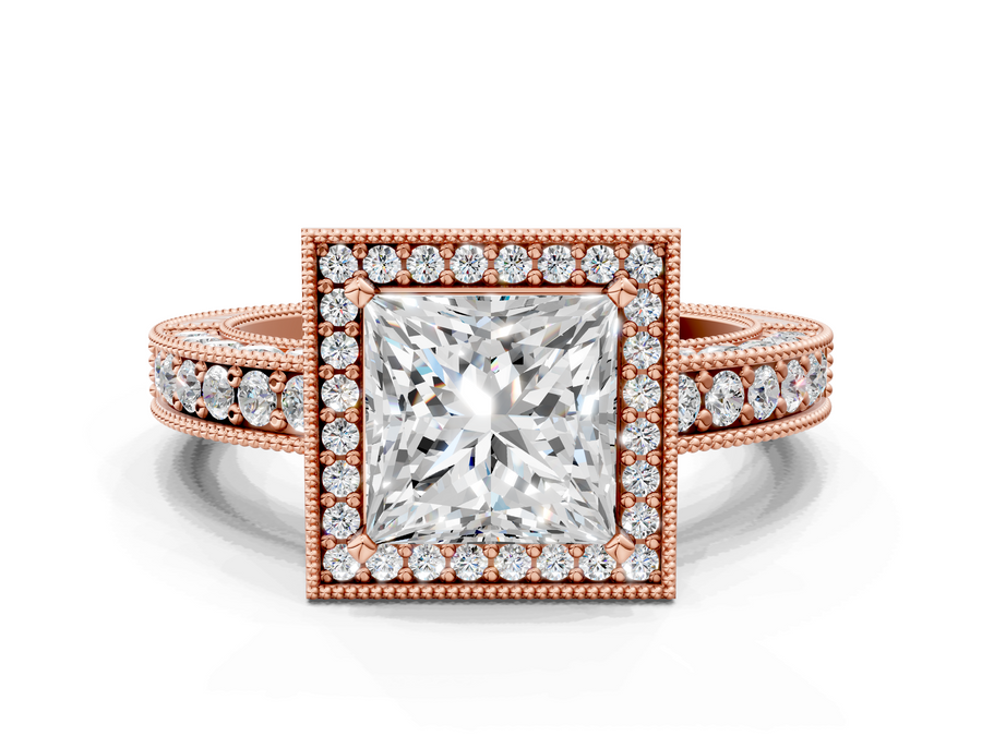 Rose gold Princess Cut Halo Diamond Pave Band Ring with Four-Prong Setting