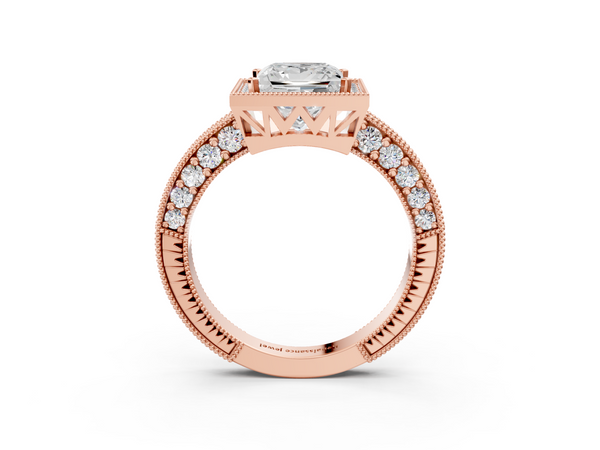 Rose gold Princess Cut Halo Diamond Pave Band Ring with Four-Prong Setting