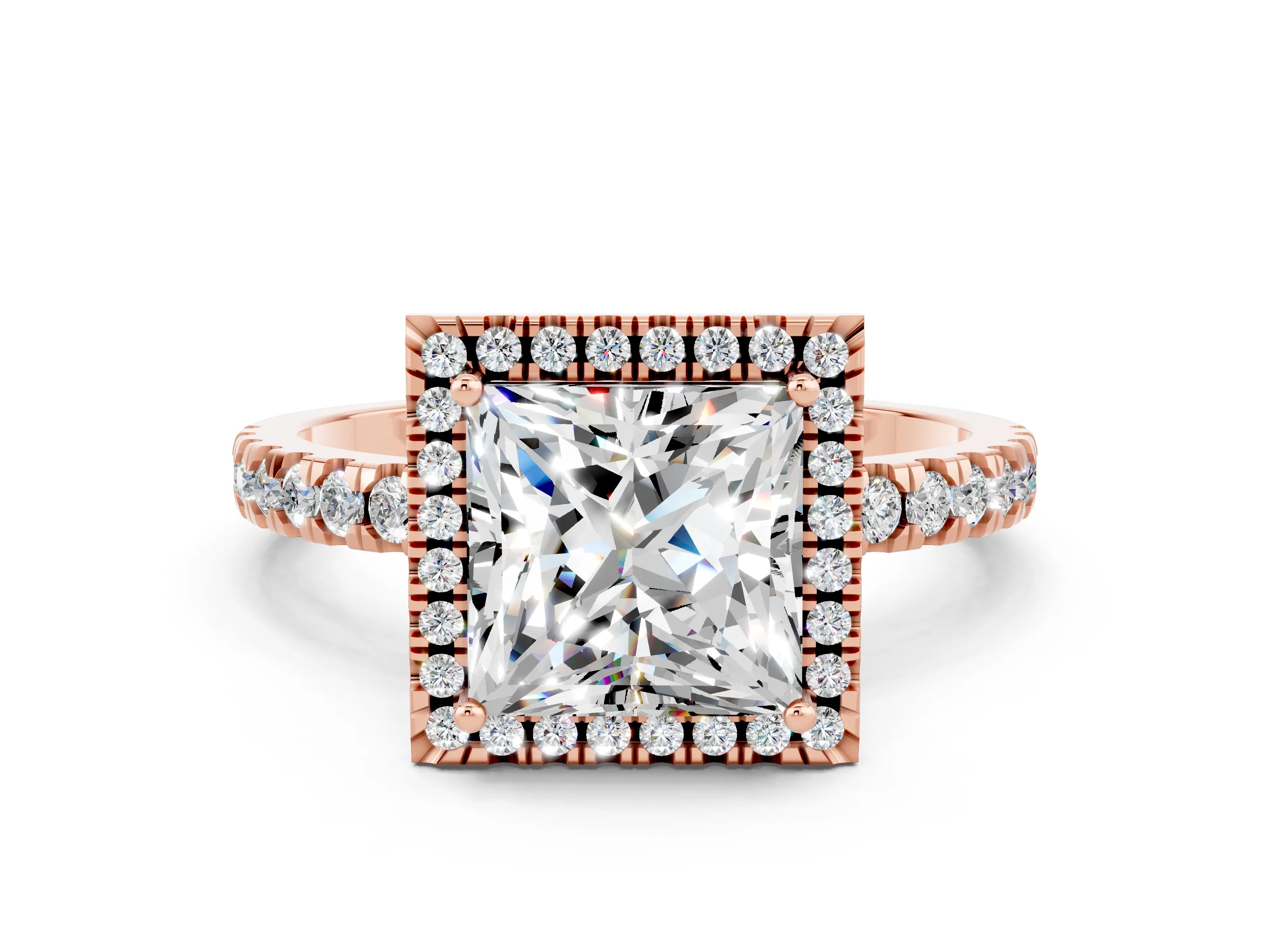 Rose gold Princess Cut Halo Diamond Pave Band with Prong Setting