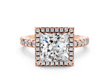 Rose gold Princess Cut Halo Diamond Pave Band with Prong Setting