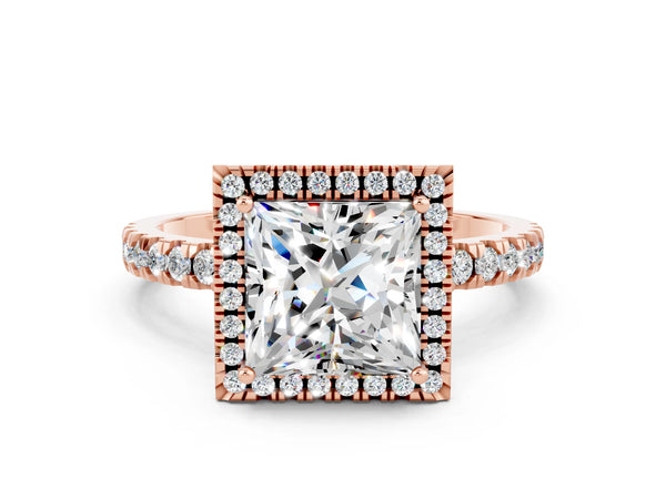 Rose gold Princess Cut Moissanite Classic Halo Engagement Ring with Round Pavé Band and Prong Setting