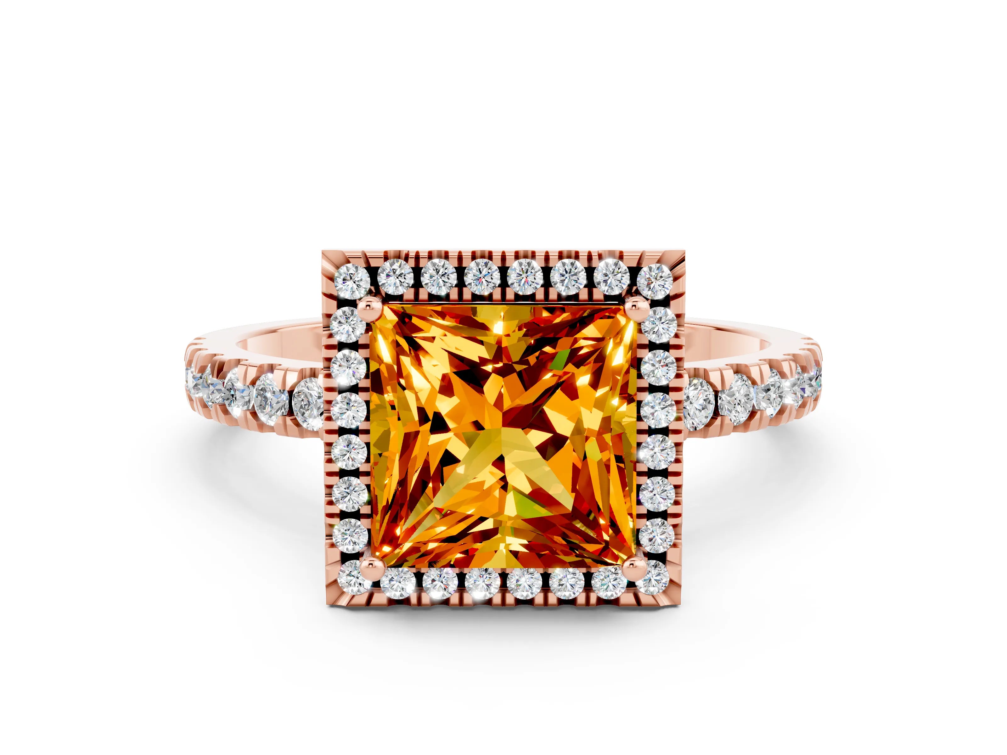 Rose gold Princess Cut Halo Diamond Pave Band with Prong Setting