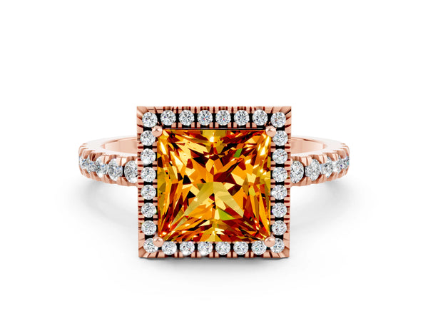 Rose gold Princess Cut Citrine Classic Halo Engagement Ring with Round Pavé Band and Prong Setting