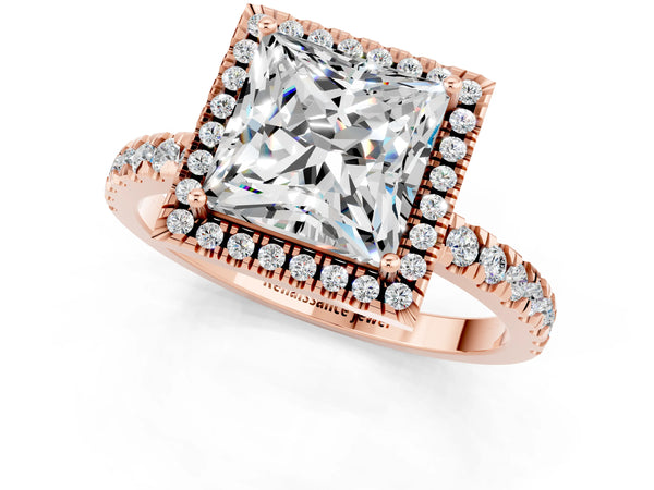 Rose gold Princess Cut Moissanite Classic Halo Engagement Ring with Round Pavé Band and Prong Setting