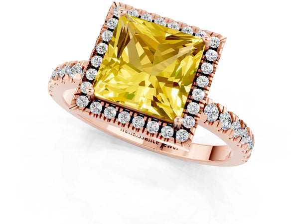 Rose gold Princess Cut Yellow Sapphire Classic Halo Engagement Ring with Round Pavé Band and Prong Setting