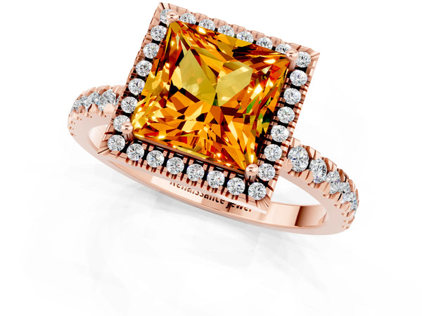 Rose gold Princess Cut Citrine Classic Halo Engagement Ring with Round Pavé Band and Prong Setting