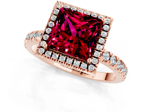 Rose gold Princess Cut Garnet Classic Halo Engagement Ring with Round Pavé Band and Prong Setting