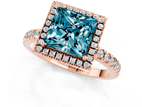 Rose gold Princess Cut Halo Diamond Pave Band with Prong Setting