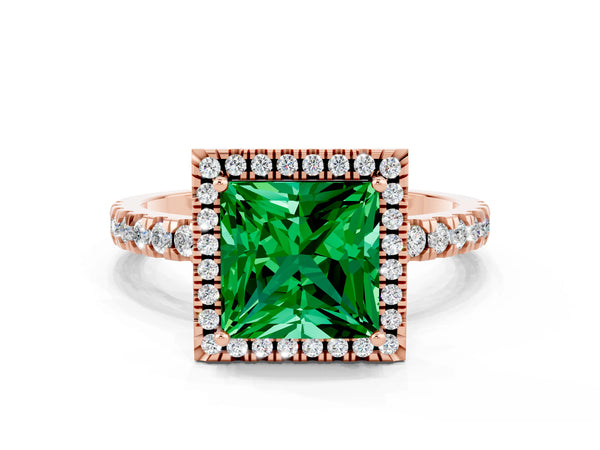 Rose gold Princess Cut Emerald Classic Halo Engagement Ring with Round Pavé Band and Prong Setting