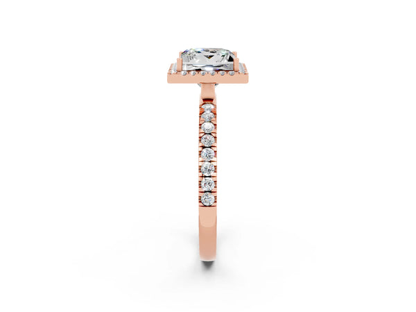 Rose gold Princess Cut Moissanite Classic Halo Engagement Ring with Round Pavé Band and Prong Setting